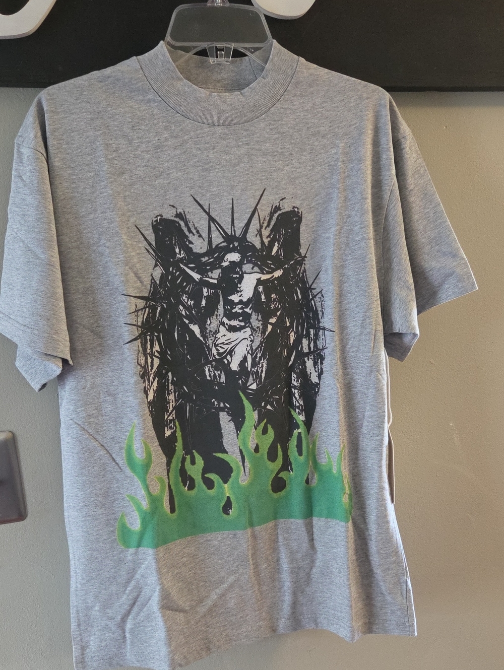Grey Short-Sleeve Graphic Tee with Black Angel and Green Flame